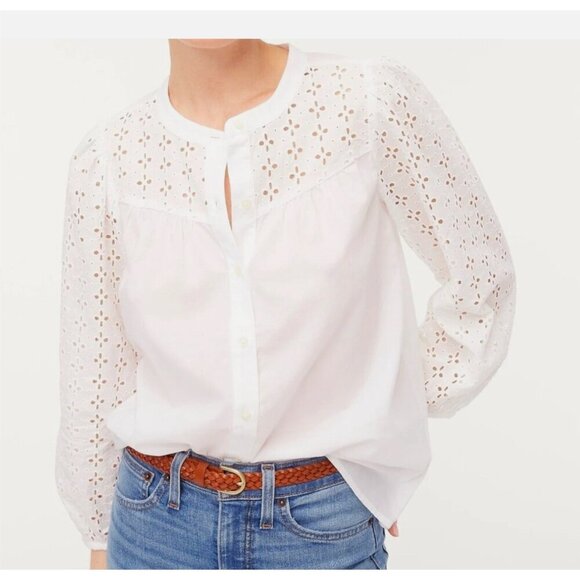J.Crew Womens Mixed‑Media Eyelet Blouse XL White Flowy Button-Up Cottagecore - Picture 1 of 10
